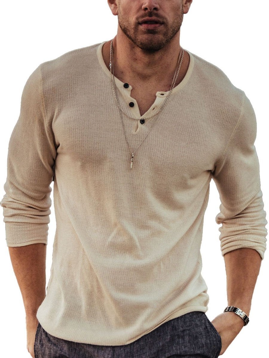 Men BXL Casual Shirts | Men'S Solid Color Knitted Half Open Collar Casual Long Sleeve T-Shirt Beige