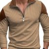 Men BXL Casual Shirts | Men'S Polo Collar Zippered Waffle Panel Casual Long Sleeve T-Shirt Khaki