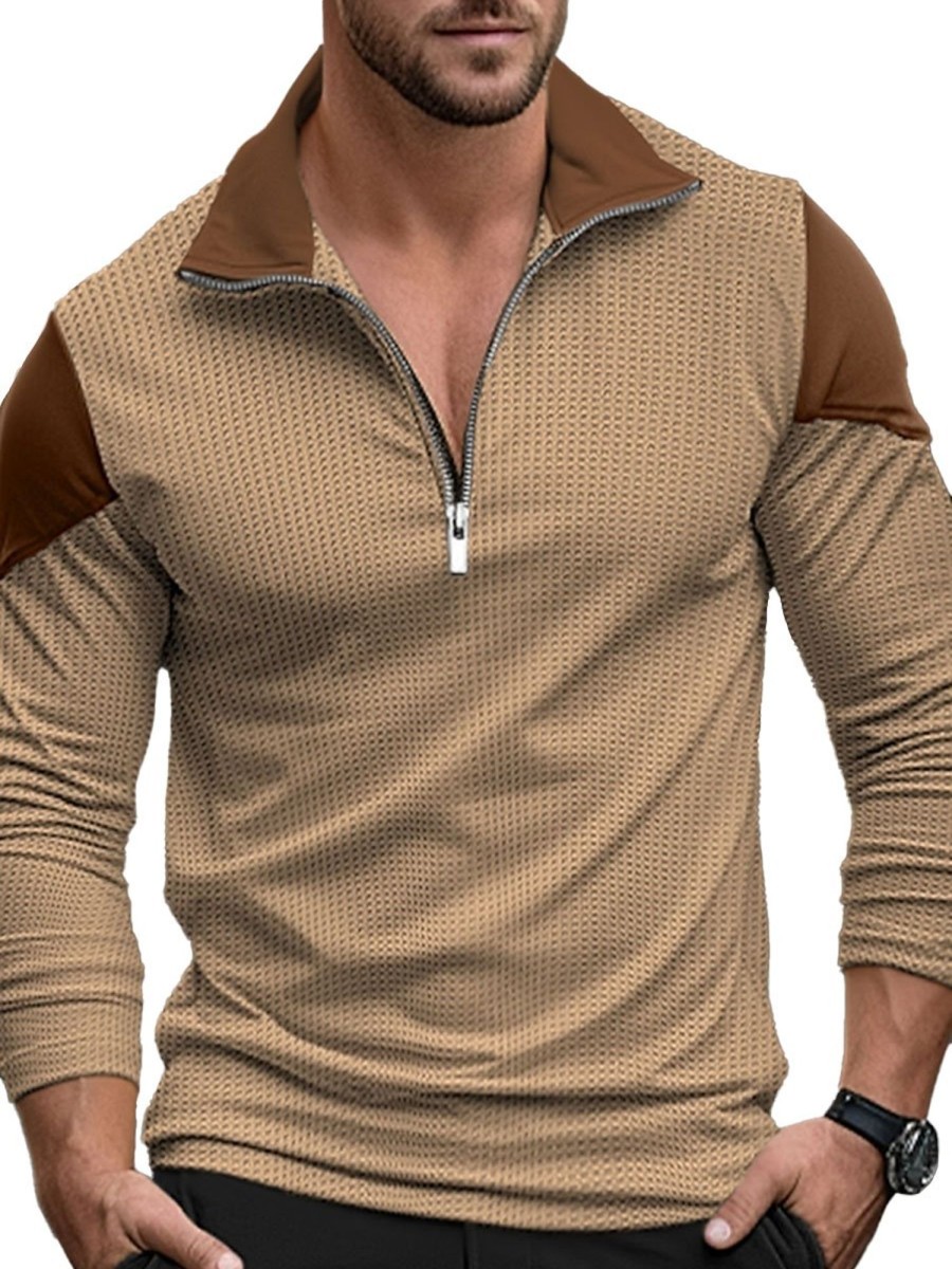 Men BXL Casual Shirts | Men'S Polo Collar Zippered Waffle Panel Casual Long Sleeve T-Shirt Khaki