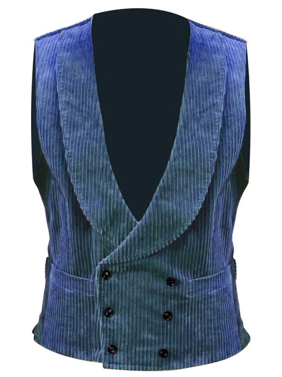 Men BXL Vest | Vintage Solid Color Corduroy Double-Breasted Vest Blue