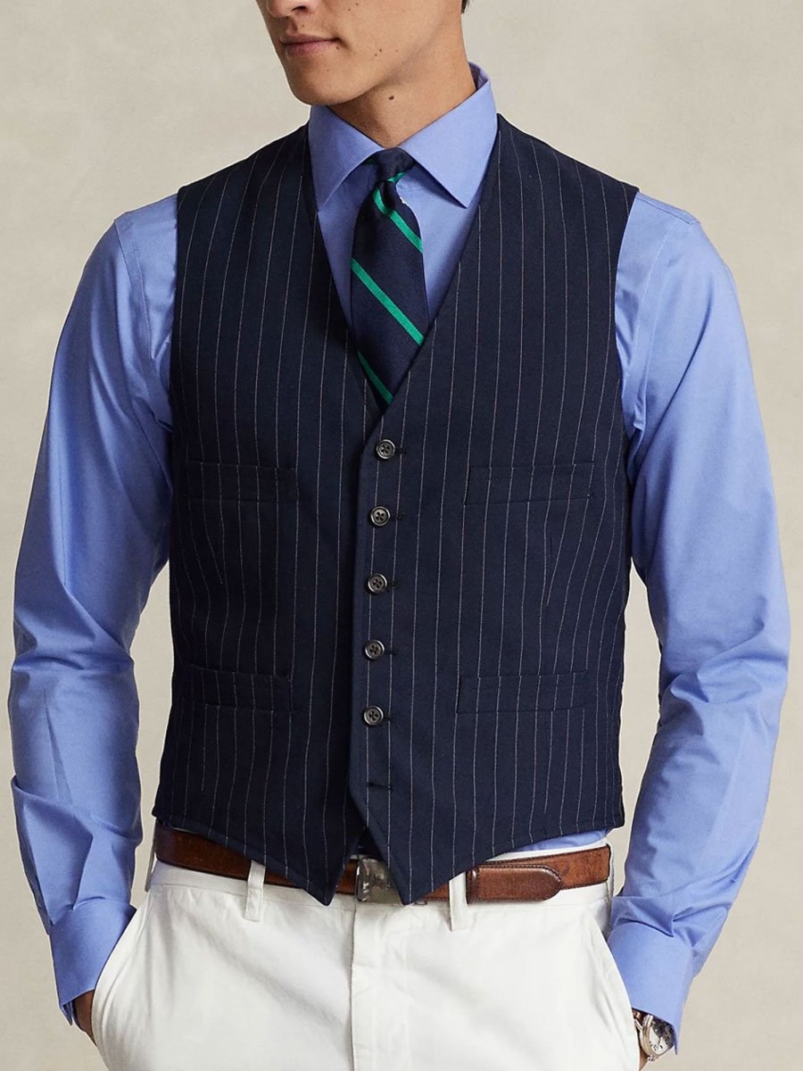 Men BXL Vest | Men'S Vintage Striped Cotton Single-Breasted Suit Vest Navy Blue