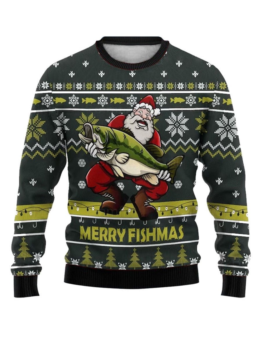 Men DJ Ugly Sweater | Merry Fishmas Print Slouchy Crew Neck Sweatshirt Dark Green