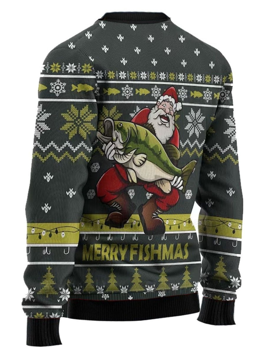 Men DJ Ugly Sweater | Merry Fishmas Print Slouchy Crew Neck Sweatshirt Dark Green