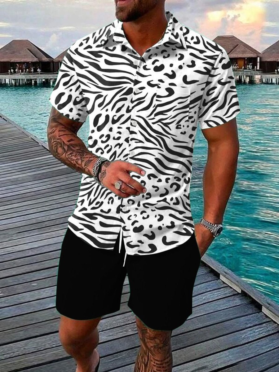 Men DJ Set | Men'S Animal Print Pocket Shirt And Shorts Two-Piece Set White