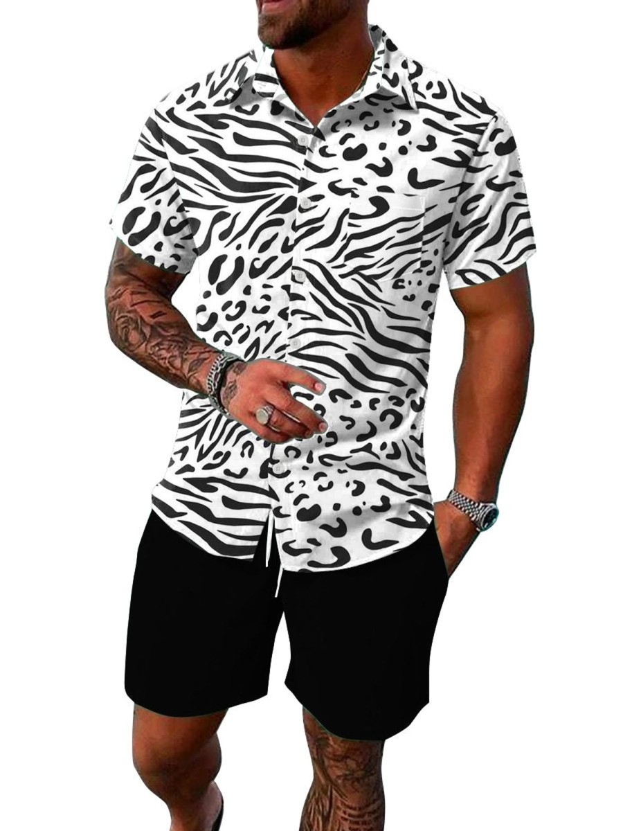 Men DJ Set | Men'S Animal Print Pocket Shirt And Shorts Two-Piece Set White