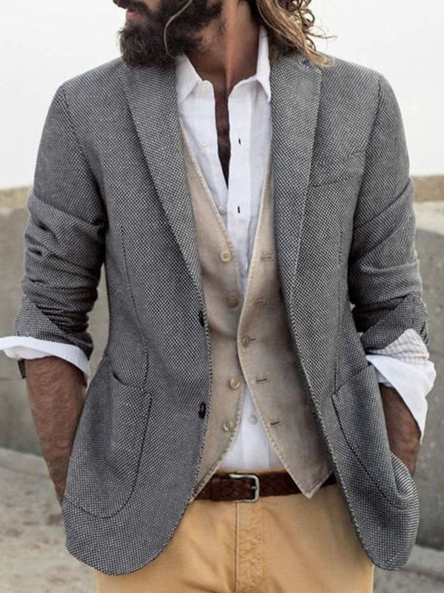 Men DJ Jacket | Vintage Lapel Double Pocket Casual Blazer Gray