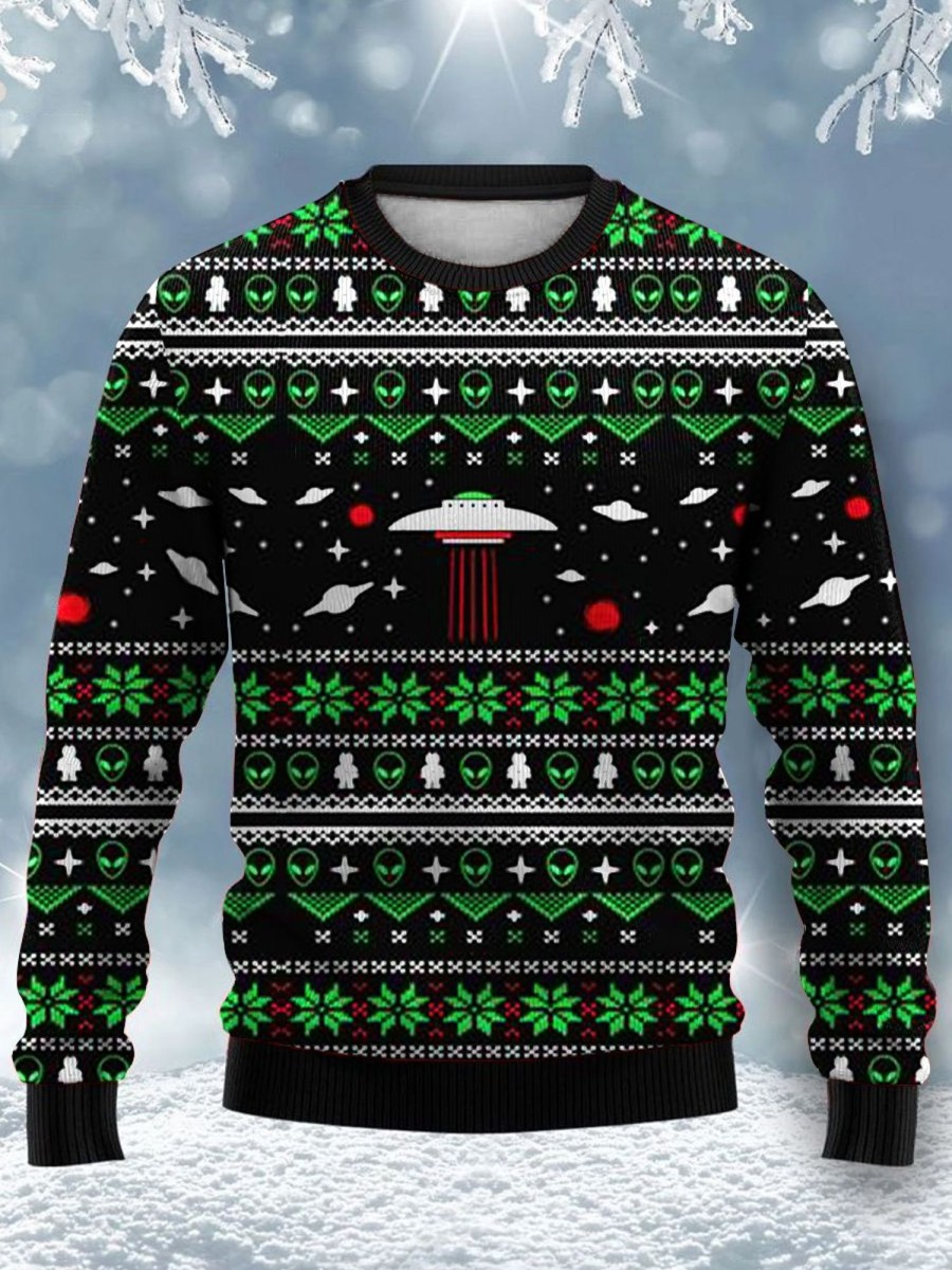 Men LJC Ugly Sweater | Spaceship Print Crewneck Sweater Black