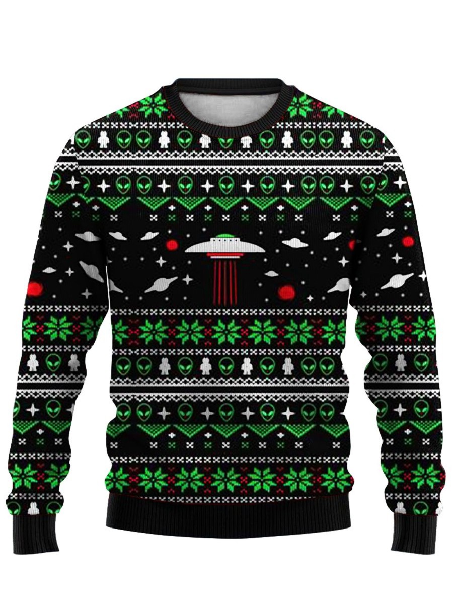 Men LJC Ugly Sweater | Spaceship Print Crewneck Sweater Black