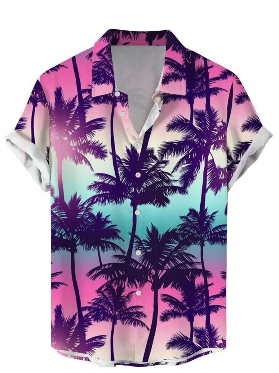 Men GYJ Shirts | Coco Print Hawaiian Casual Short Sleeve Shirt Pink