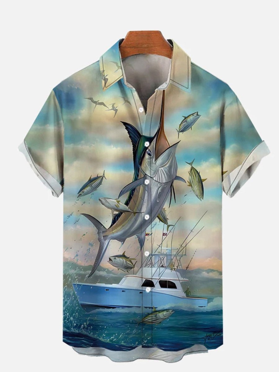 Men DJ Shirts | Blue Marlin Leaping To Eat Small Tuna Printing Short Sleeve Shirt Photo Color