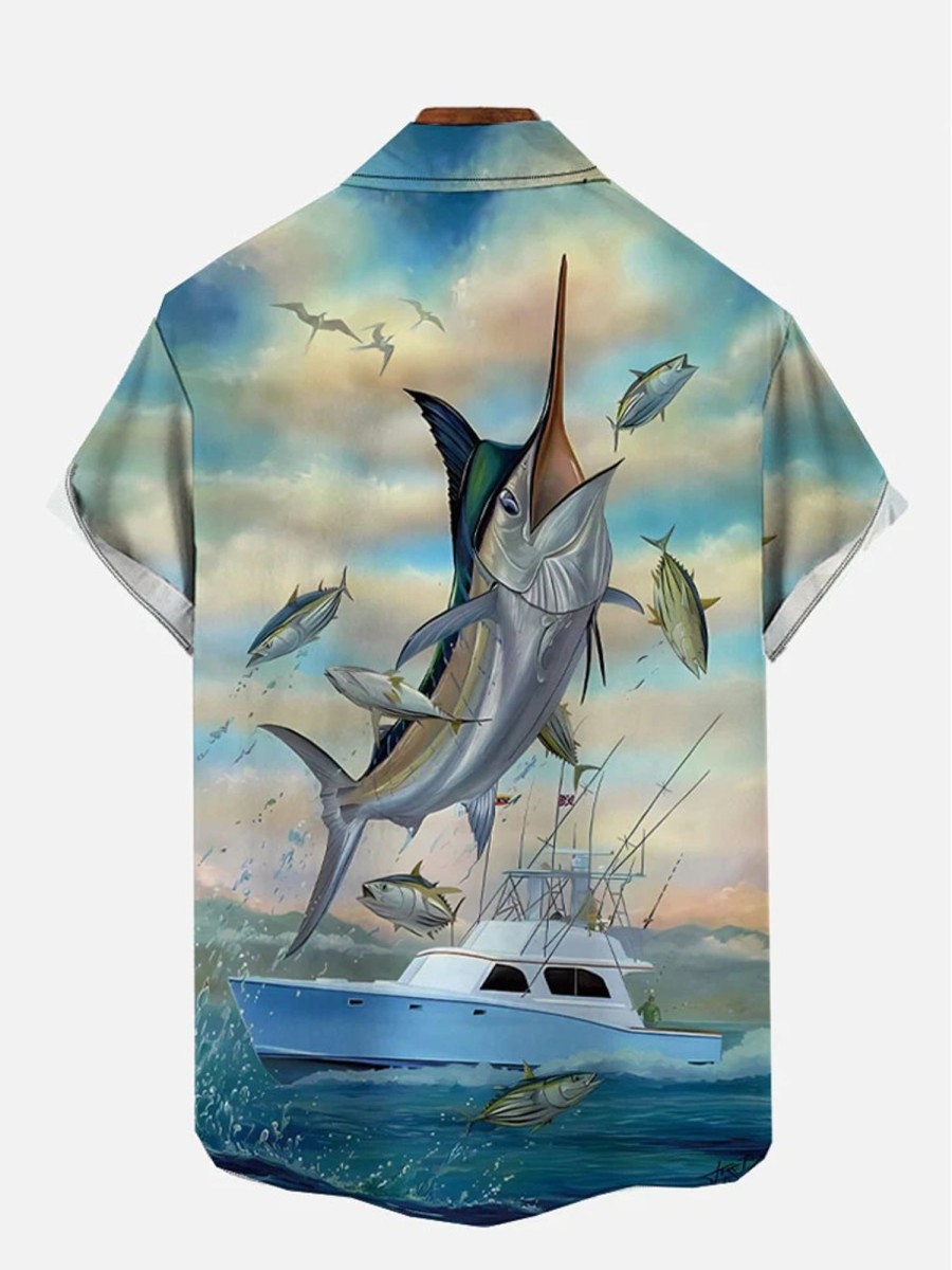 Men DJ Shirts | Blue Marlin Leaping To Eat Small Tuna Printing Short Sleeve Shirt Photo Color