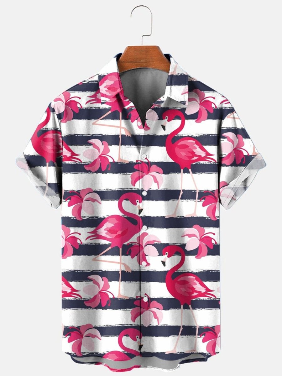 Men HLJ Shirts | Men'S Hawaiian Flamingo Striped Short Sleeve Shirt Photo Color