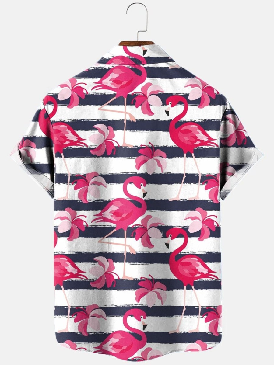 Men HLJ Shirts | Men'S Hawaiian Flamingo Striped Short Sleeve Shirt Photo Color