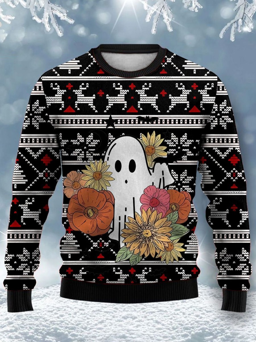 Men LJC Ugly Sweater | Playful Crew Neck Sweatshirt With Ghost Pattern Black