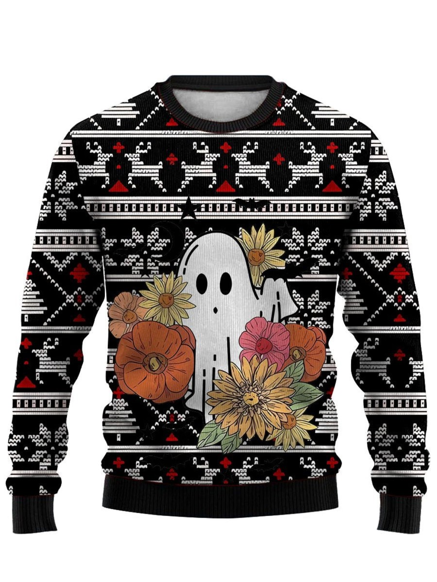 Men LJC Ugly Sweater | Playful Crew Neck Sweatshirt With Ghost Pattern Black