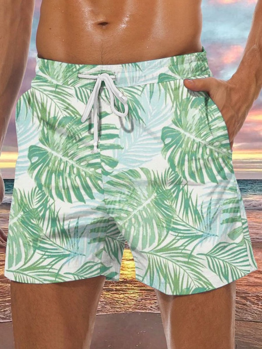 Men DJ Shorts | Watercolor Leaf Print Pocket Tie Track Shorts Green