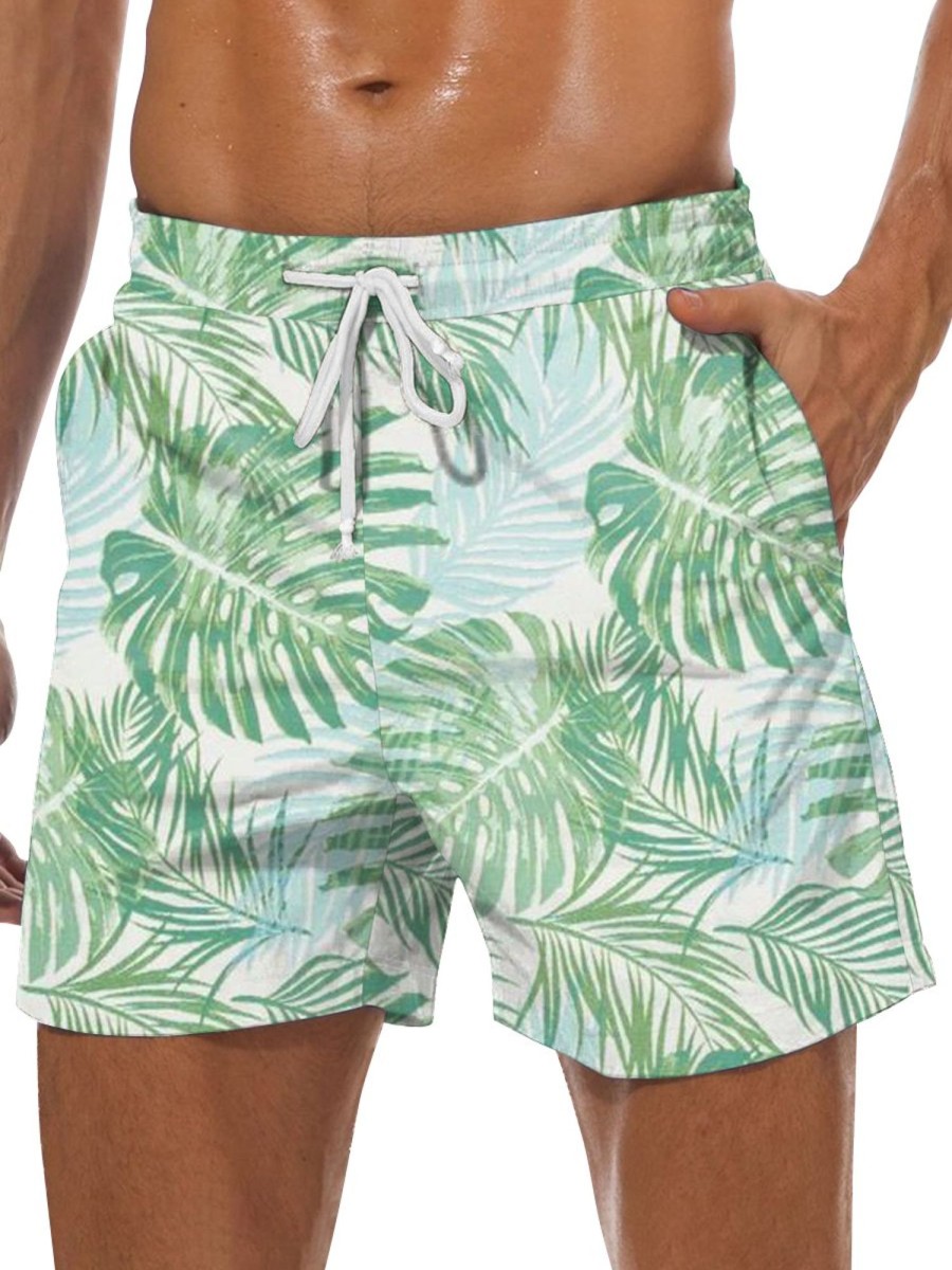 Men DJ Shorts | Watercolor Leaf Print Pocket Tie Track Shorts Green