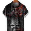 Men HLJ Shirts | Men'S Flame Rose Skull Short Sleeve Shirt Black