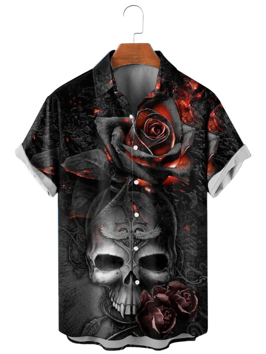 Men HLJ Shirts | Men'S Flame Rose Skull Short Sleeve Shirt Black