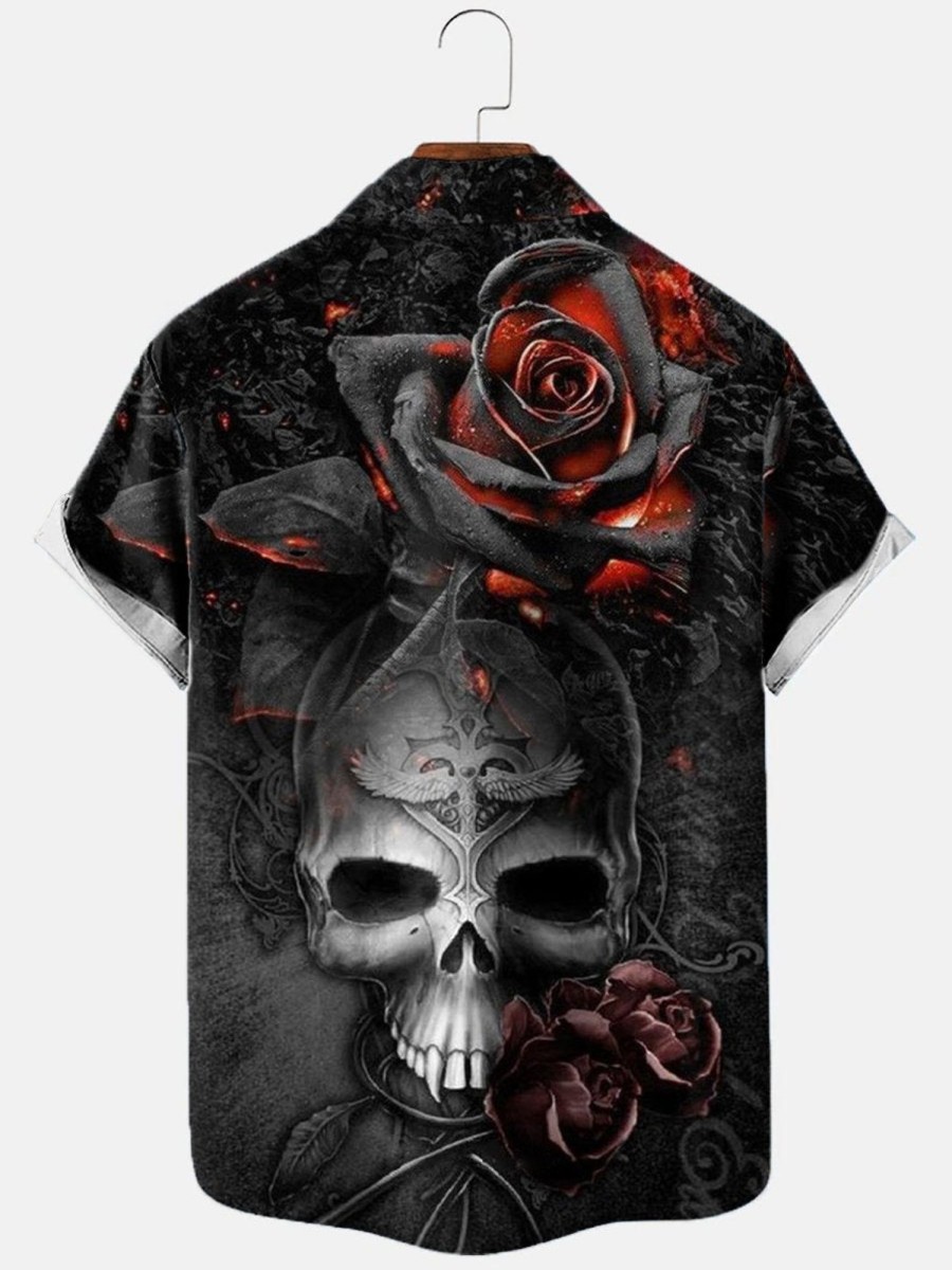 Men HLJ Shirts | Men'S Flame Rose Skull Short Sleeve Shirt Black