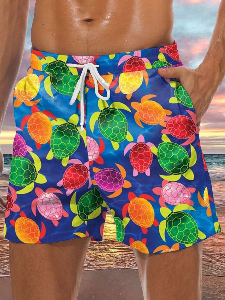 Men DJ Shorts | Men'S Iridescent Turtle Print Double Pocket Lace Up Beach Shorts Blue