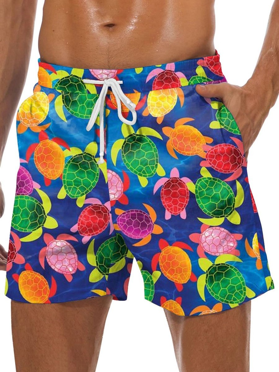 Men DJ Shorts | Men'S Iridescent Turtle Print Double Pocket Lace Up Beach Shorts Blue