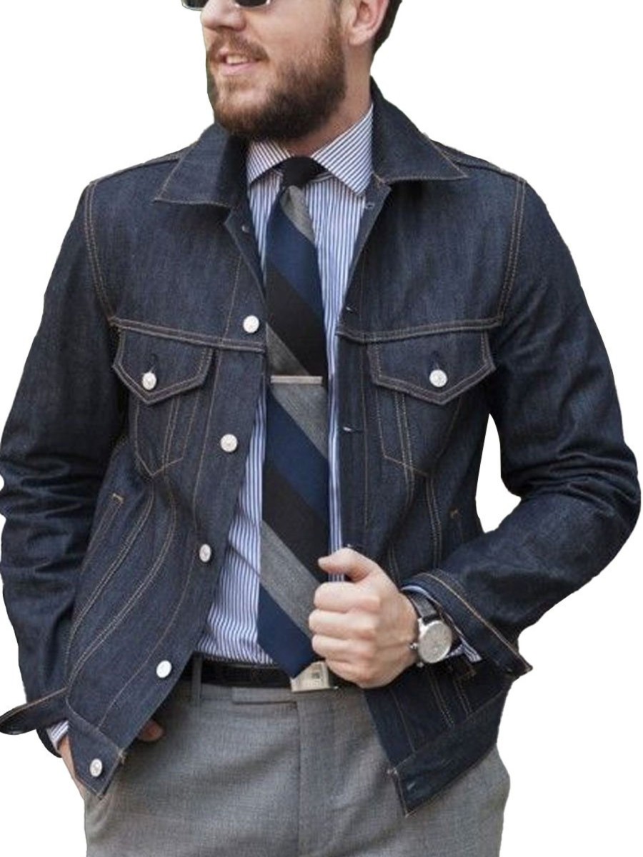 Men BXL Jacket | Men'S Retro Casual Multi-Pocket Denim Jacket Dark Blue