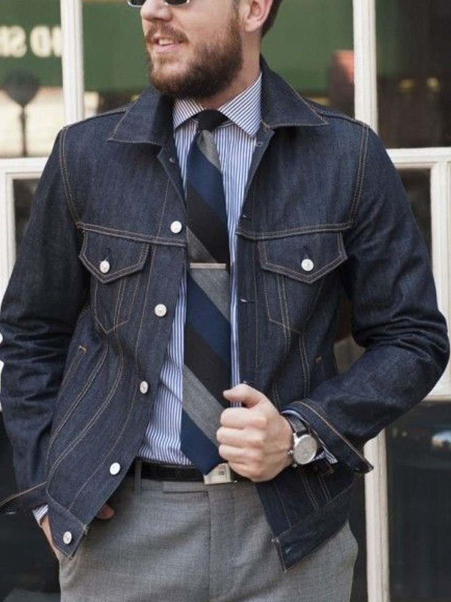 Men BXL Jacket | Men'S Retro Casual Multi-Pocket Denim Jacket Dark Blue