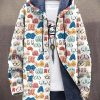 Men DJ Print Jacket | Boobs Stick Figure Print Pocket Hooded Fleece Jacket Cardigan Photo Color