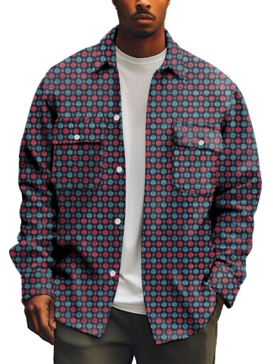 Men DJ Print Jacket | Retro Polka Dot Print Double Pocket Shirt Jacket Photo Color