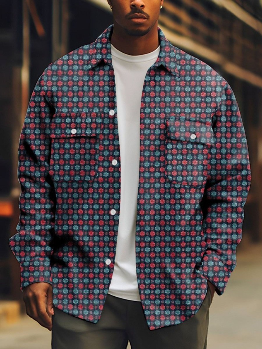 Men DJ Print Jacket | Retro Polka Dot Print Double Pocket Shirt Jacket Photo Color