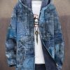 Men DJ Print Jacket | Denim Paneled Printed Pocket Fleece Hooded Jacket Blue