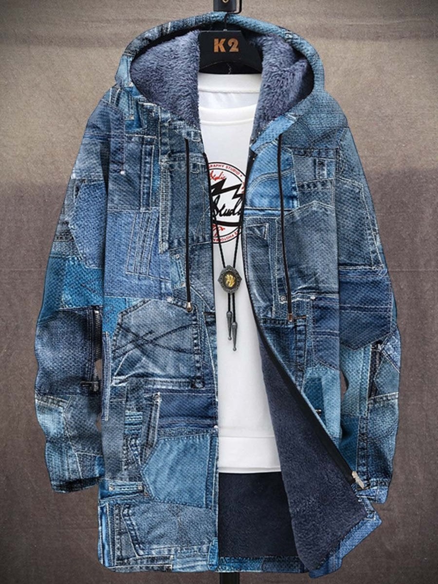 Men DJ Print Jacket | Denim Paneled Printed Pocket Fleece Hooded Jacket Blue