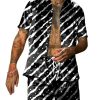 Men DJ Set | Vintage And White Line Print Short-Sleeved Shirt And Shorts Two-Piece Set Black