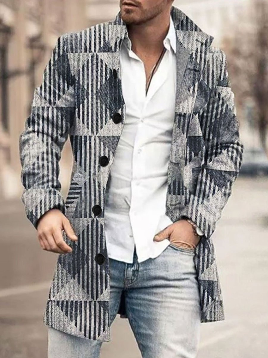 Men BXL Print Jacket | Men'S Casual Button Pocket Wool Geometric Stripe Print Stand Collar Coat Gray