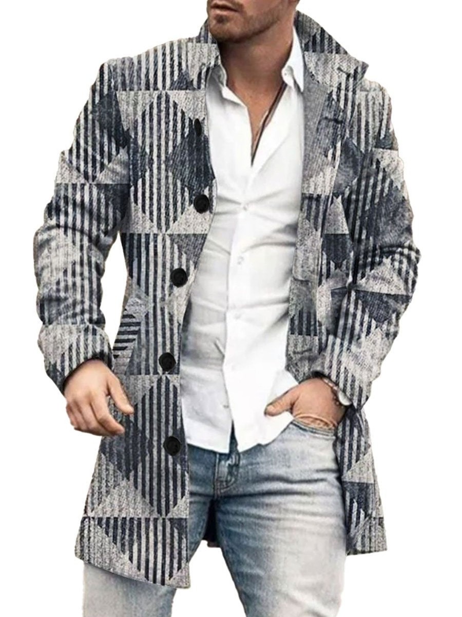 Men BXL Print Jacket | Men'S Casual Button Pocket Wool Geometric Stripe Print Stand Collar Coat Gray