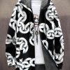 Men DJ Print Jacket | Unisex And White Chain Print Hooded Pocket Fleece Jacket Cardigan Black