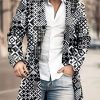 Men DJ Print Jacket | Black And White Geometric Print Stand Collar Single Breasted Double Pocket Woolen Coat Photo Color