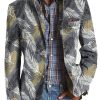 Men DJ Print Jacket | Vintage Leaf Print Three-Pocket Lapel Casual Blazer Gray