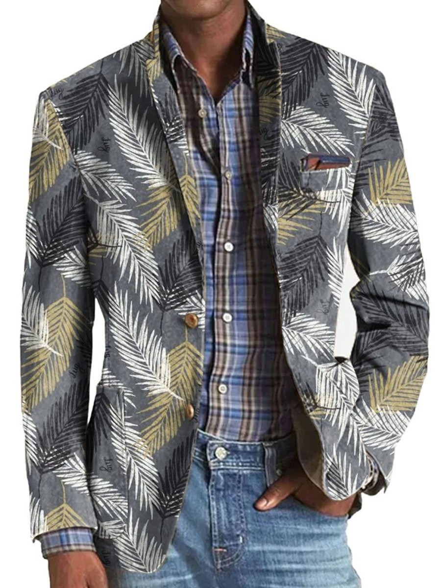 Men DJ Print Jacket | Vintage Leaf Print Three-Pocket Lapel Casual Blazer Gray