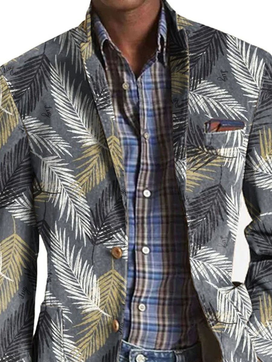 Men DJ Print Jacket | Vintage Leaf Print Three-Pocket Lapel Casual Blazer Gray