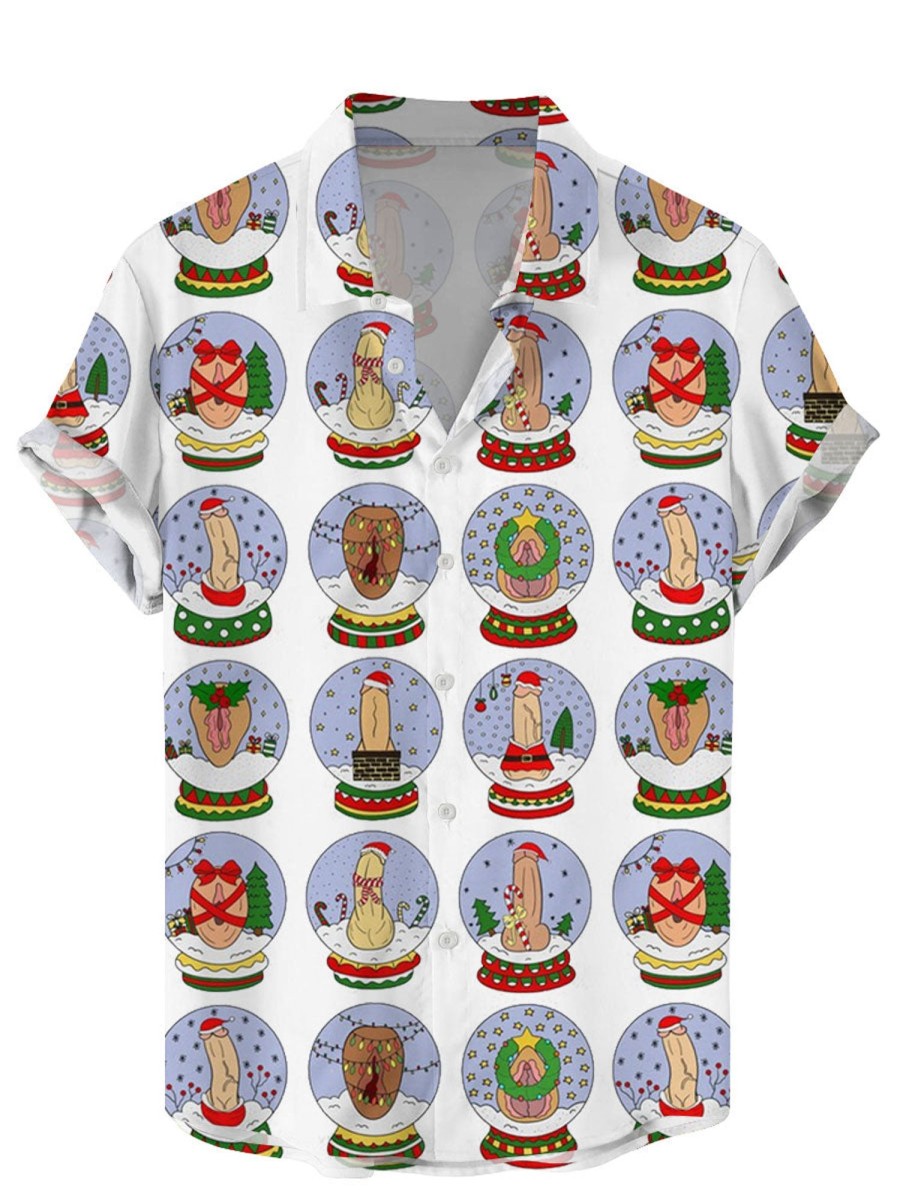 Men BXL Shirts | Fun Christmas Rooster Crystal Ball Hidden Casual Short Sleeve Shirt Photo Color