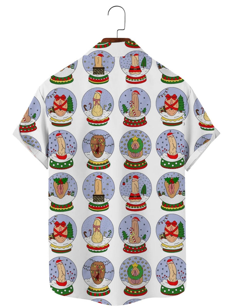 Men BXL Shirts | Fun Christmas Rooster Crystal Ball Hidden Casual Short Sleeve Shirt Photo Color