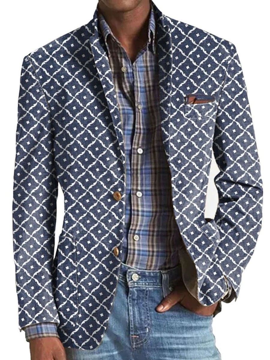 Men DJ Print Jacket | Retro Geometric Print Casual Three-Pocket Blazer Blue