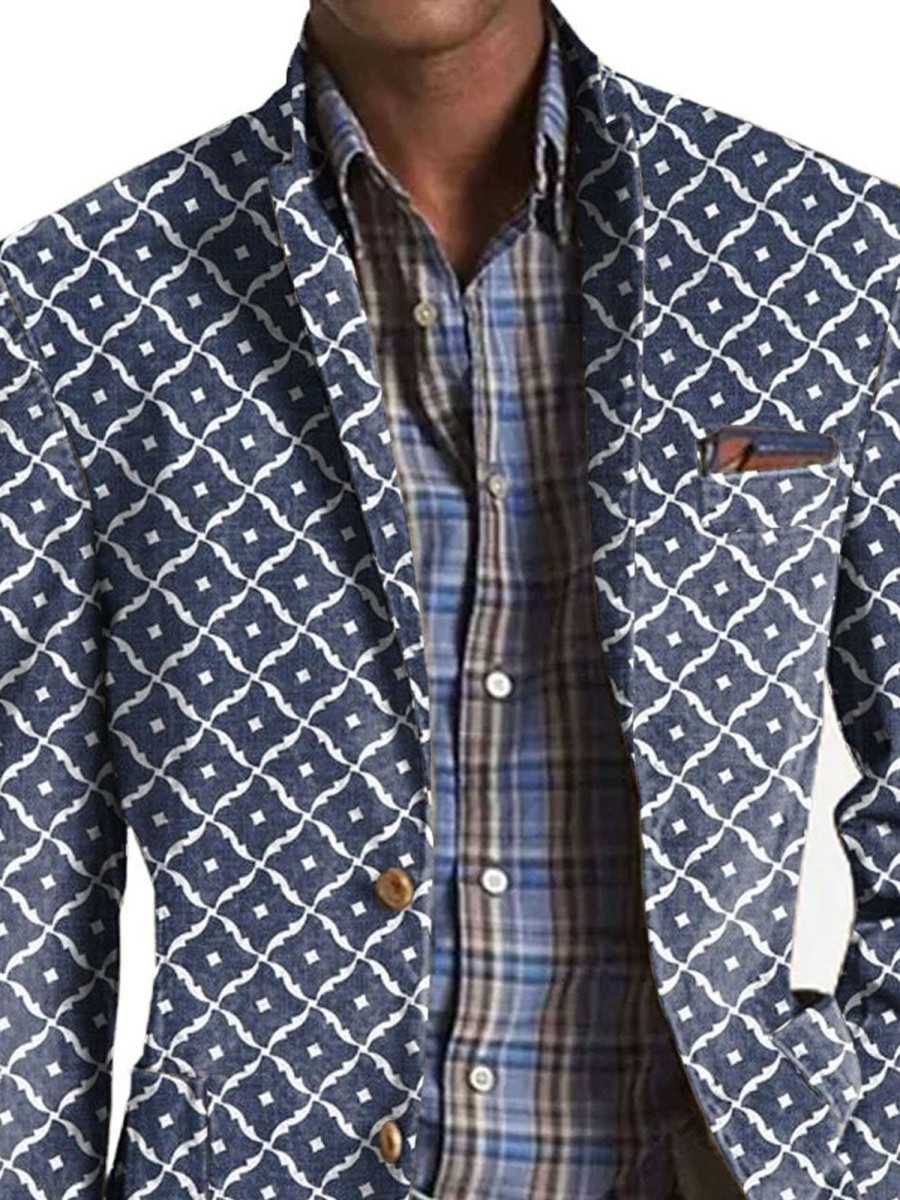 Men DJ Print Jacket | Retro Geometric Print Casual Three-Pocket Blazer Blue