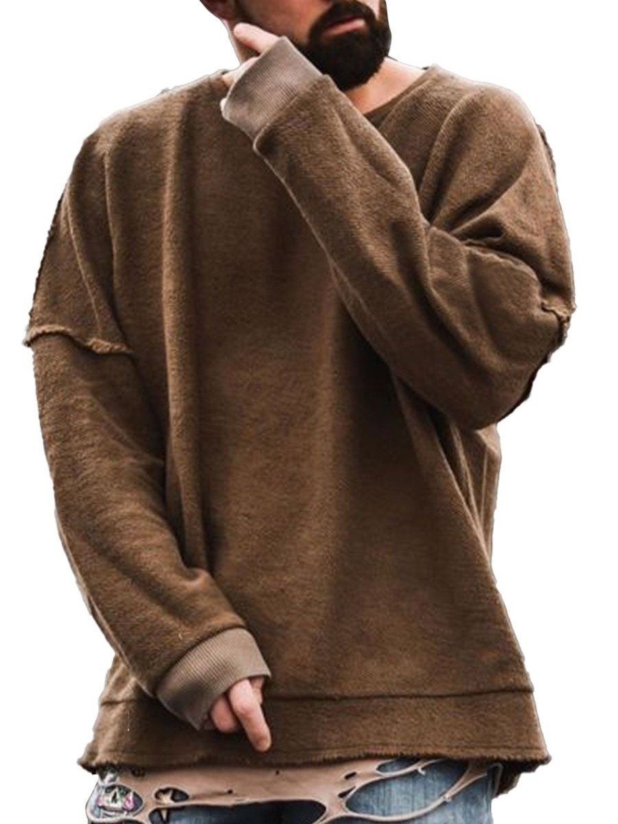 Men DJ Casual Hoodie | Crew Neck Retro Casual Long Sleeve Sweatshirt Brown