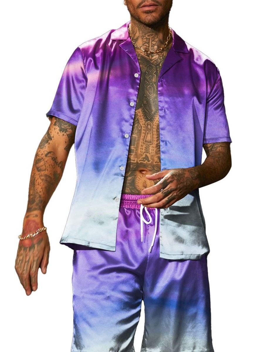 Men BXL Set | Men'S Gradient Print Resort Short Sleeve Shirt Shorts Two Piece Suit Purple