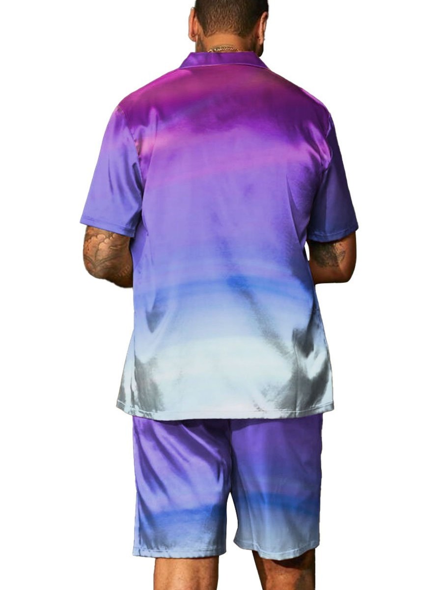 Men BXL Set | Men'S Gradient Print Resort Short Sleeve Shirt Shorts Two Piece Suit Purple