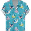 Men LJC Shirts | Shark Flamingo Print Casual Short Sleeve Shirt Blue