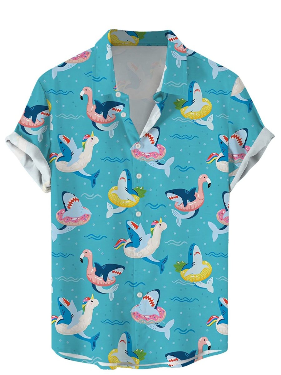 Men LJC Shirts | Shark Flamingo Print Casual Short Sleeve Shirt Blue